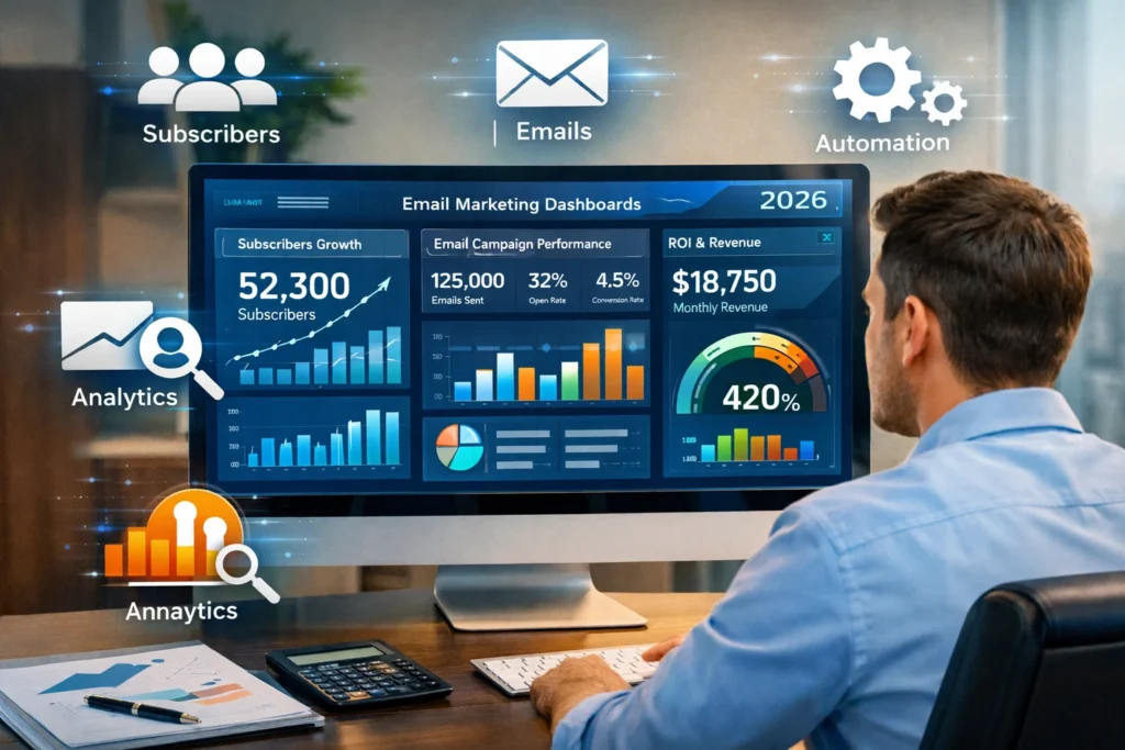 Business owner reviewing email marketing dashboards on a computer, surrounded by icons for subscribers, emails, automation, analytics, and ROI, illustrating 2026 email marketing costs.