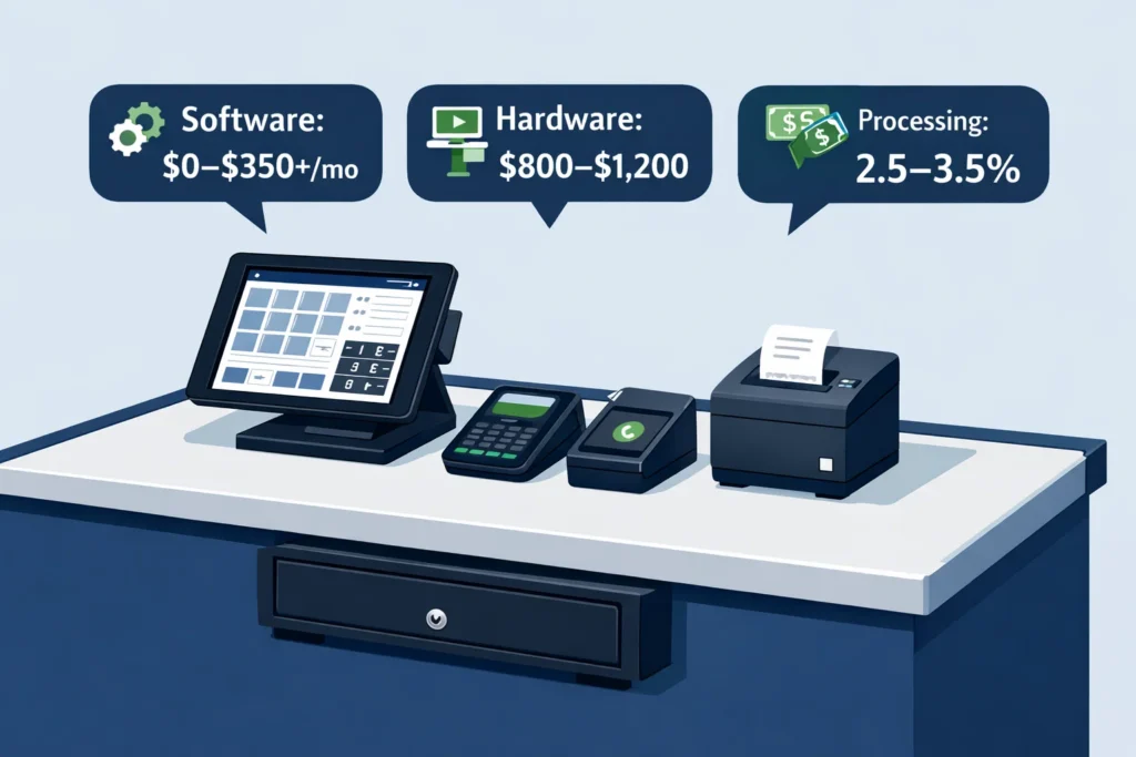 Retail POS system setup showing a tablet terminal, card reader, receipt printer, and cash drawer with labeled cost breakdowns for software, hardware, and payment processing fees 2026 guide.