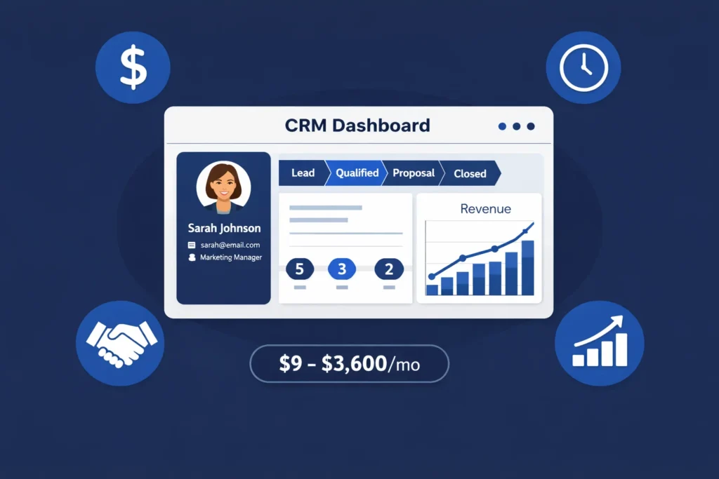 Illustration of a CRM software dashboard showing customer data, sales pipeline, and pricing tiers for small businesses in 2026.