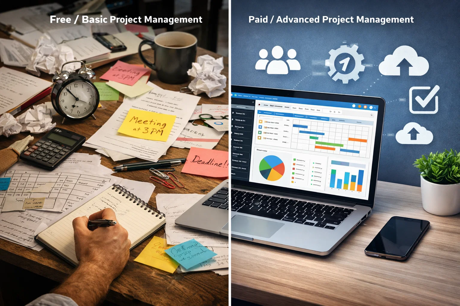 Comparison of free vs paid project management software showing basic tools versus advanced dashboards for teams