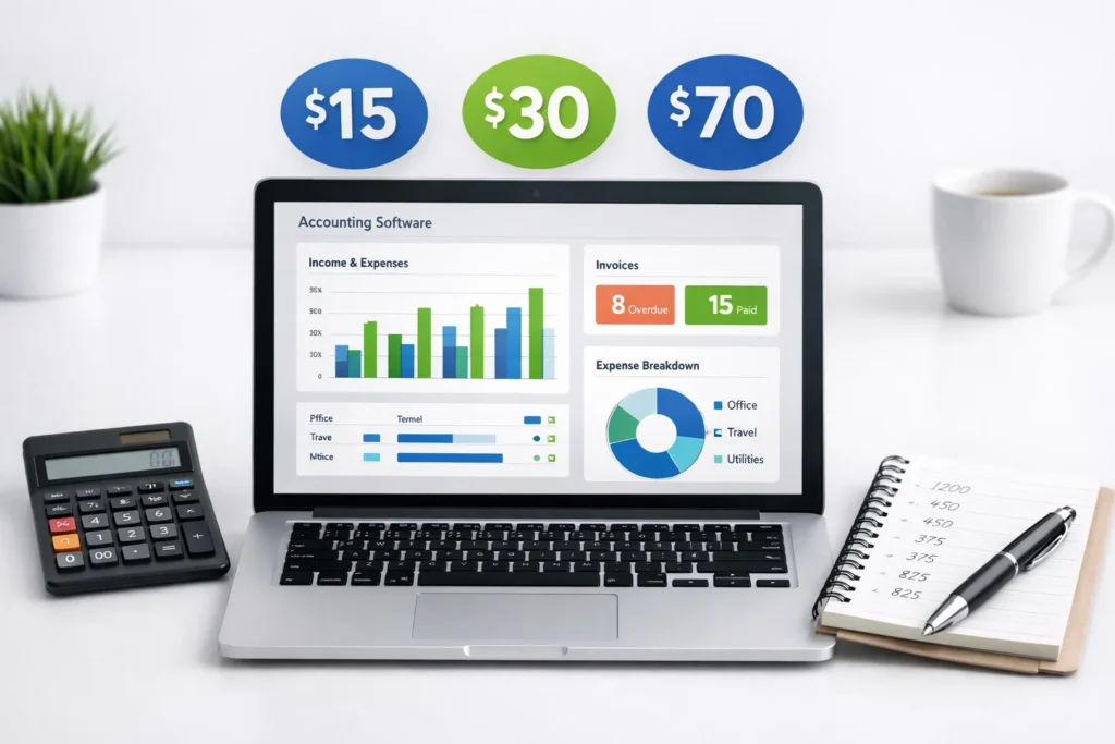 Accounting software pricing dashboard showing subscription plans and financial reports for small businesses in 2026
